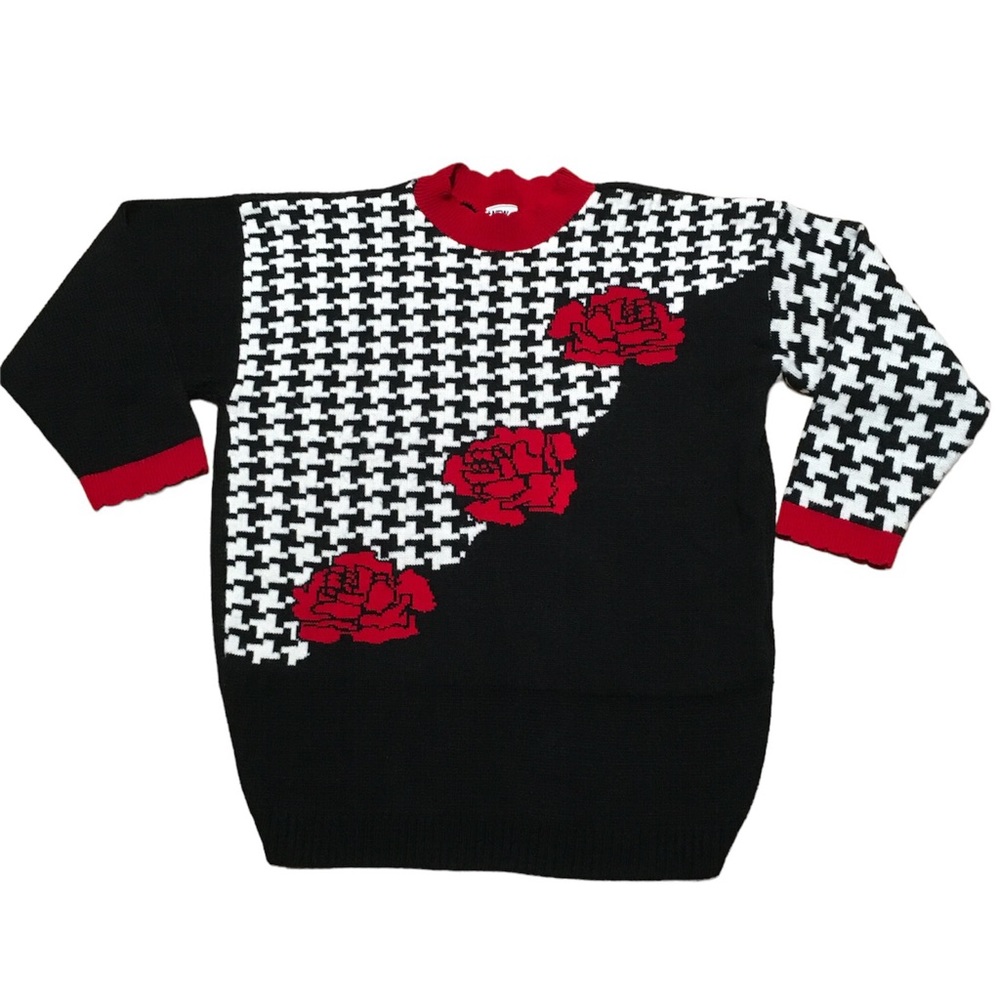 Vintage Sweater Women’s One Size Oversized Slouchy Crewneck Houndstooth Rose 80s